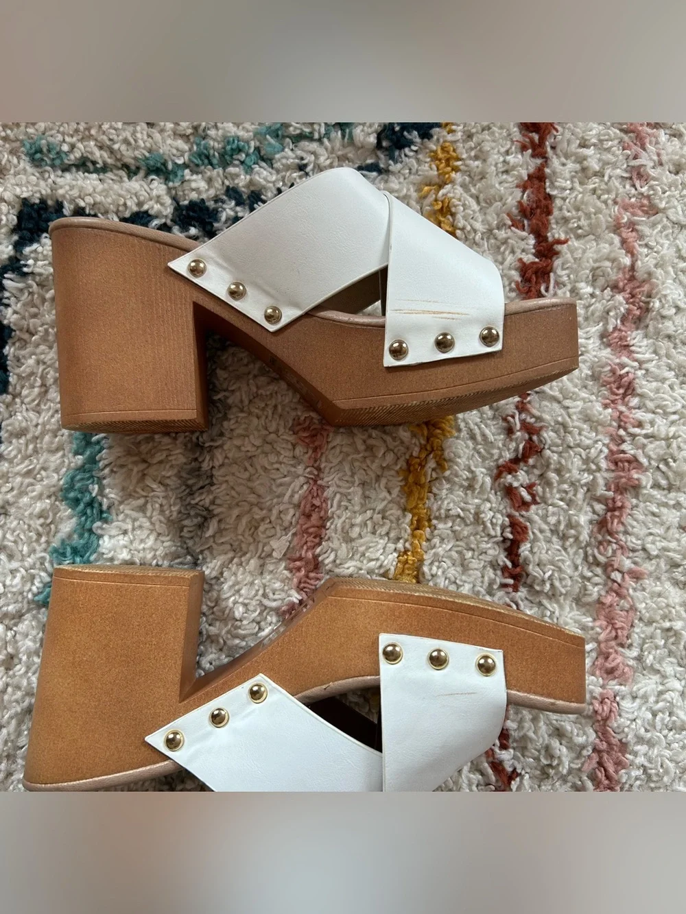 Qupid White Crisscross Platform Sandals with Wood-Effect Heel